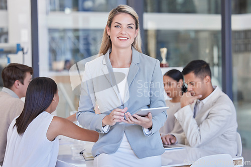 Image of Happy business woman, portrait and tablet in meeting for online planning, internet search and pride in office. Female manager, smile and digital technology for productivity, connection and happiness