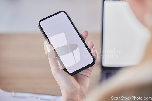 Image of Woman, hands and phone mockup screen in office for advertising, digital network or online user. Closeup worker, mobile mock up and smartphone space of multimedia app, data download or tech connection