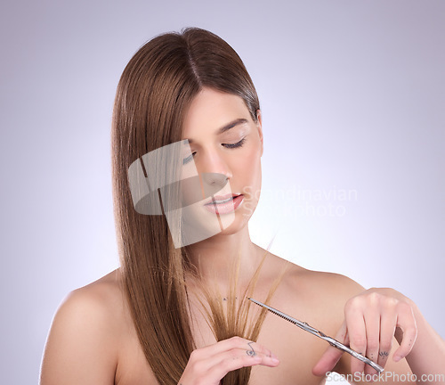 Image of Beauty, scissors and woman cutting hair in studio, trim and split ends removal against a grey background. Haircare, model and girl with tool for tips, styling and hairstyle while posing isolated