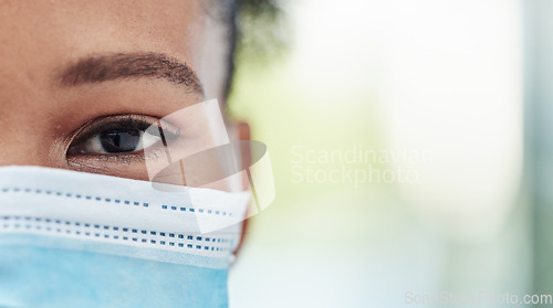 Image of Eye focus, covid mask zoom and mockup of a black woman outdoor with blurred background. Eyes closeup, portrait and health care for optometry and eyesight check with young African female with mock up