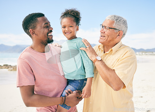 Image of Grandpa, dad and girl on beach holiday in South Africa with love, happiness and freedom together. Travel, happy black family and generations smile, bonding and fun on summer vacation for men and kid