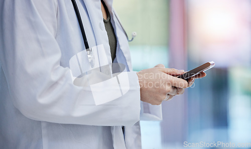 Image of Woman hands, phone and doctor typing online for contact, connection or telehealth in hospital. Technology, mobile app and medical worker search internet for healthcare news, digital innovation or web