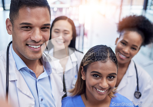 Image of Healthcare, portrait and group selfie of doctors in hospital with pride, smile and clinic teamwork. Happy medical employees, diversity and profile picture to update about us on website, face or trust