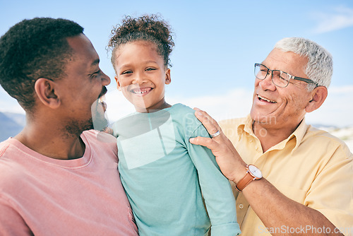 Image of Generations, grandfather and dad with child on beach holiday in South Africa with love, happiness and freedom. Travel, happy black family and smile on summer vacation for men and kid bonding together