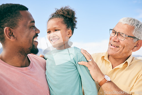 Image of Beach, grandfather and dad with child on holiday in South Africa with love, happiness and fun. Travel, happy black family and smile on summer vacation for men and kid bonding together for fathers day