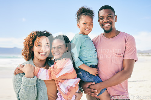 Image of Sunshine, beach portrait and happy black family on holiday for peace, freedom and outdoor quality time together. Nature love, summer happiness or Nigeria children, father and mother smile on vacation