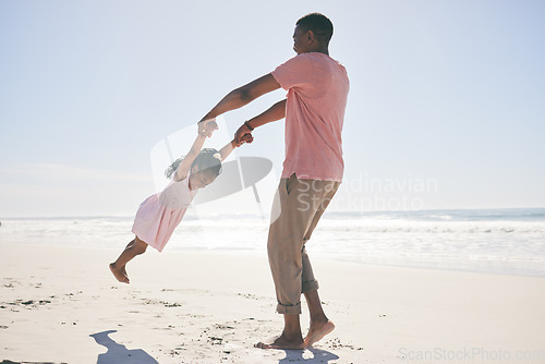 Image of Beach, black man spinning child and playful family holiday in Australia with freedom, fun and energy. Travel, swinging and happy father and girl with smile playing and bonding together on vacation.