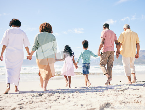 Image of Family walk on beach sand, holding hands and generations, people outdoor with grandparents, parents and kids. Together, support and trust, travel to Bali with love, care and bond with back view
