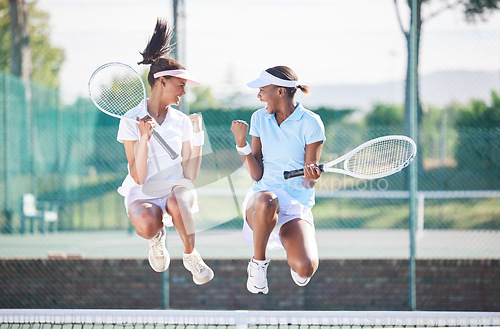 Image of Sports, jump or tennis team celebrate game win, competition goals or partnership success achievement. Women, excited winner or happy teamwork celebration for exercise, workout or training challenge