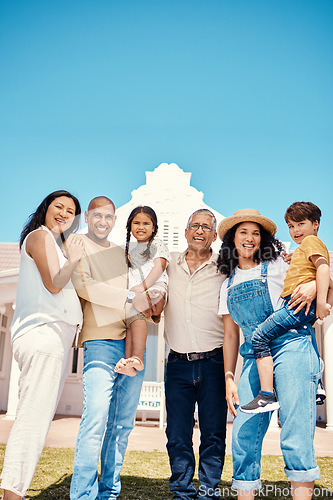Image of Portrait, family and parents with grandparents or grandkids bonding while standing outside in a garden of a home. Kids, love or summer and grandchildren in the backyard with senior relatives