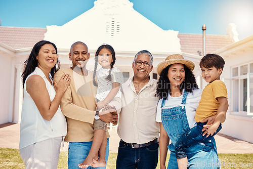 Image of Portrait, family or kids with parents, grandparents and grandchildren standing outside in the garden of a home. Children, love or summer and grandkids in the backyard with senior relatives