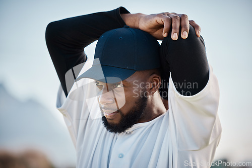 Image of Baseball field, thinking or black man stretching in training ready for match in outdoor workout. Arm exercise, fitness mindset or focused young sports player in warm up to start playing softball