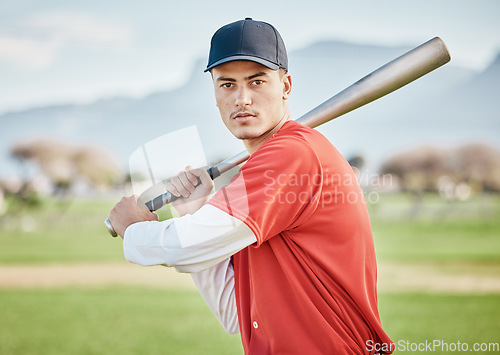 Image of Baseball batter, portrait or sports man on field at competition, training match on a stadium pitch. Softball exercise, healthy fitness workout or focused player playing a fun game outdoors on grass