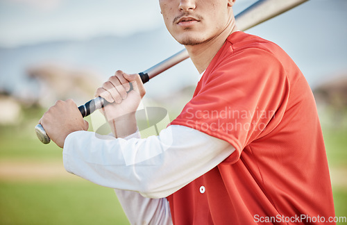 Image of Baseball player, bat or man in a game competition, training match on stadium pitch closeup. Fun softball exercise, fitness workout or zoom of serious athlete playing sports with focused mindset