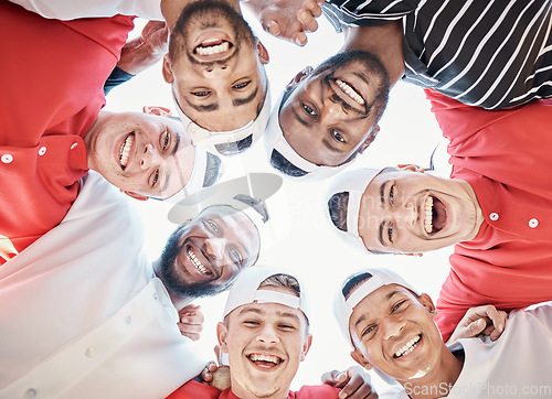 Image of Portrait, face or sports people in huddle with support, hope or faith on baseball field in game together. Teamwork, happy people or group of excited softball athletes with goals, unity or motivation