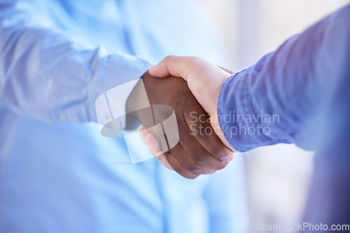 Image of Partnership, business handshake and people in meeting for deal, b2b collaboration or congratulations. Diversity men shaking hands to welcome, thank you and agreement or contract in corporate office