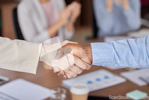 Image of Business partner, handshake and people in meeting for deal, b2b collaboration or congratulations. Man and a woman shaking hands for welcome, thank you and agreement or achievement in corporate office