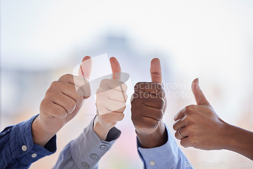 Image of Thumbs up, closeup and group of people support, thank you and diversity hands sign for solidarity vote. Yes, like or winning team or winner business employees, teamwork agreement and well done emoji