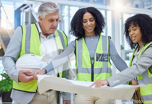 Image of Architecture, blueprint and construction team planning building project, strategy and collaboration. Group, diversity and floor plan for engineering, design and industrial infrastructure development