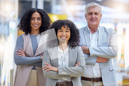 Image of Portrait, diversity and happy business people with arms crossed for teamwork, trust or startup partnership. Group, employees and smile of motivation, collaboration or pride about us in global company