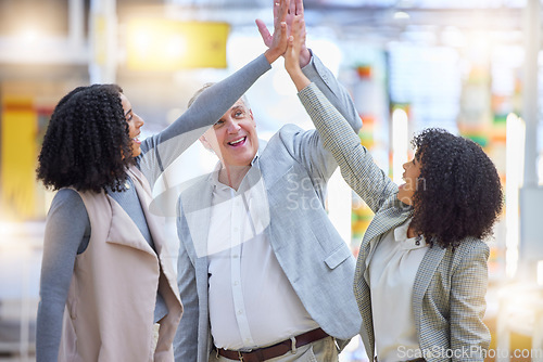 Image of High five, business people and support of hands in office of teamwork, motivation and collaboration. Diversity group, happy employees and celebration of success, winning deal or celebrate partnership