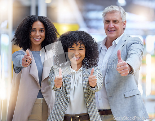 Image of Thumbs up, hands and portrait of business people smile for yes review, thank you and trust. Diversity, employees and thumb gesture for support, like emoji and team motivation of agreement, ok or vote