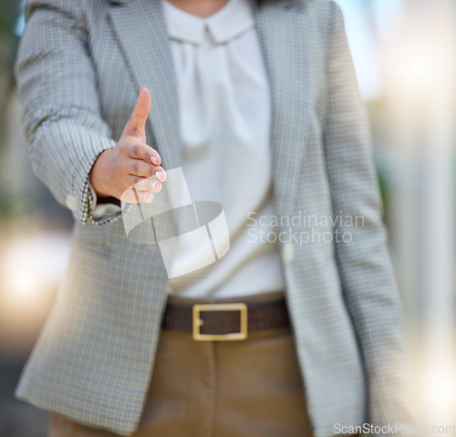 Image of Handshake, offer and business woman in HR consulting, networking or hello of hiring deal. Closeup female manager, stretching or shaking hands in recruitment, welcome or thank you in interview meeting