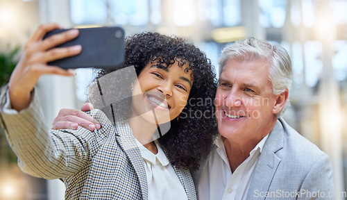 Image of Selfie, smile and colleagues or business people taking a picture in an office feeling happy for a partnership. Online, about us and woman takes photo with man to update startup company social media