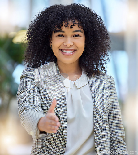 Image of Handshake, offer and hello of business woman, portrait and networking of HR hiring deal. Happy female manager stretching for shaking hands, recruitment and welcome to partnership, trust and thank you