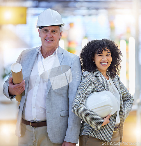 Image of Man, woman and smile of portrait in construction development, building industry or architect company. Happy teamwork, diversity and engineering collaboration for project management, support or design