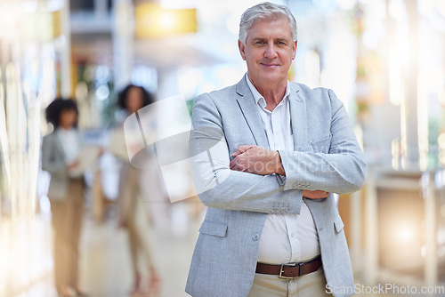 Image of Business, man and portrait with arms crossed of leadership, manager and trust with smile. Mature corporate CEO standing in company for happiness, employee motivation and executive office management