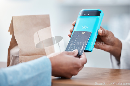 Image of Debit card, pos payment or hands of black people for pharmacy package, medicine or product. Retail finance sale, pharmacist or shopping customer buying for medical healthcare with fintech machine tap