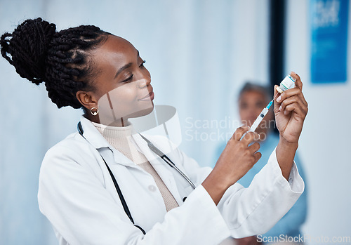 Image of Monkeypox vaccine, hospital needle and doctor nurse with medicine bottle, medical vial or booster injection. Disease healthcare safety, pharmacy pharmacist and black woman with patient virus cure