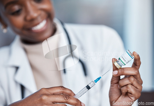 Image of Monkeypox healthcare, vaccine needle and doctor nurse with medicine bottle, medical vial or booster injection. Disease safety, pharmacy pharmacist and happy black woman with hospital virus treatment