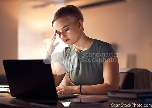 Image of Work stress, headache and business woman with office computer at night with project deadline. Working in dark, anxiety and burnout of corporate worker with a laptop problem and glitch feeling fatigue