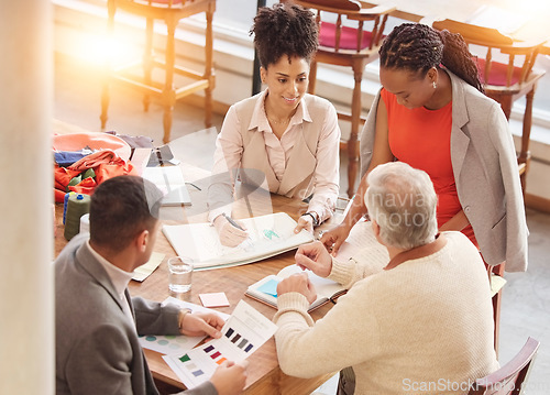 Image of People, sketch or fashion meeting for planning clothing, fabrics or boutique clothes with teamwork together. Creative designers talking, speaking or working on group project vision or strategy ideas