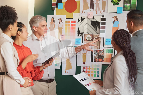 Image of People, ideas or fashion meeting planning clothing, fabrics or boutique clothes with teamwork together. Senior creative designers talking, speaking or working on group vision or strategy in office