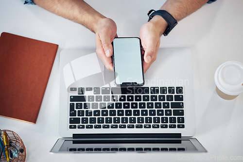 Image of Above, phone screen and laptop by hands of man with mockup for advertising and space. Smartphone, display and business influencer online for blog, financial and advice, freelance and remote work