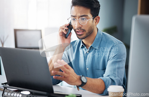 Image of Phone call, entrepreneur and businessman planning company growth strategy on mobile conversation as communication. Laptop, cellphone and serious man startup founder in discussion and networking