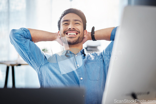 Image of Business man, smile and stretching to relax from easy project, complete achievement or happiness in office. Happy worker, hands behind head and finish tasks, target and break for mindset hope at desk