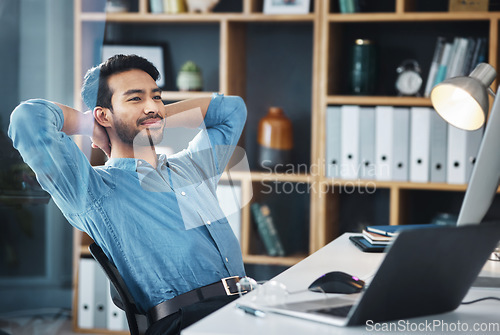 Image of Happy business man, thinking and stretching to relax from easy project, positive mindset and complete ideas in office. Break, worker and hands behind head to finish tasks, rest and daydream at desk