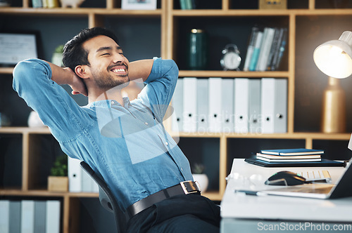 Image of Happy business man, eyes closed and stretching to relax from easy project, dream and happiness in office. Worker, smile and hands behind head to finish tasks, rest and break for inspiration at desk