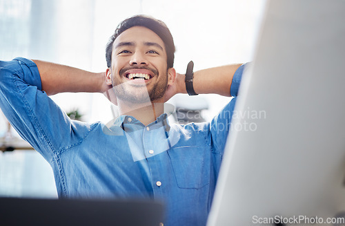 Image of Happy man, thinking and stretching in office to relax for motivation, positive mindset or happiness. Worker, smile and hands behind head for mental health break, finish tasks and inspiration of goals