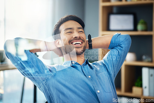 Image of Business man, smile and stretching to relax from easy project, motivation and happiness in office. Cheerful worker, hands behind head and finish tasks, break and happy mindset goals for mental health