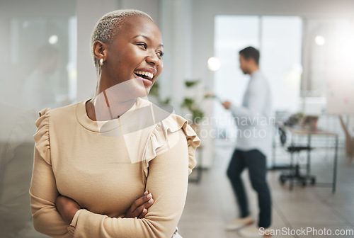 Image of Happy black woman in business office, workplace or company with career mindset for Human Resources. Profile of a proud worker, employee or staff busy in professional workspace for job opportunity