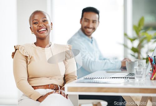 Image of Portrait, business and black woman laughing in office with coworker and pride for career or job. Boss, professional and happy African female entrepreneur with laughter for funny joke, comedy or humor