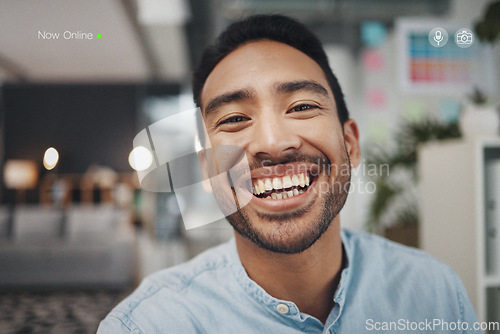 Image of Portrait, live streaming and asian man in office, happy and excited for online followers on blurred background. Face, pov and businessman influencer at work for content creation, blog or vlog website