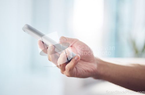 Image of Closeup, mockup and hand with smartphone, typing and connection with communication, social media and texting. Zoom, hands and cellphone for online reading, search internet and information on website