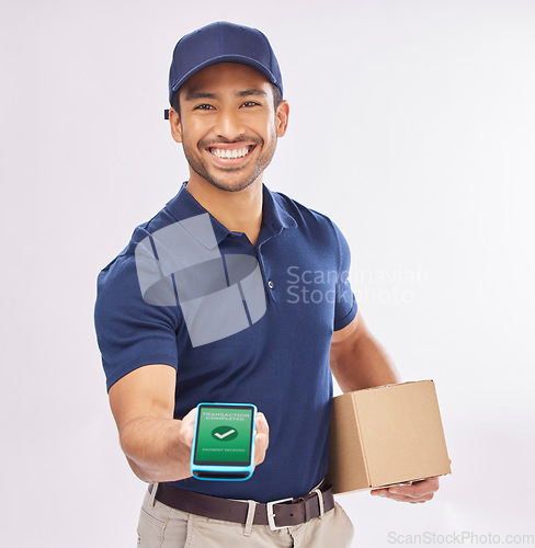 Image of Payment, happy and a portrait of a man doing a delivery isolated on a white background in a studio. Retail, ecommerce and an Asian courier with a card machine for a package, box and shipment