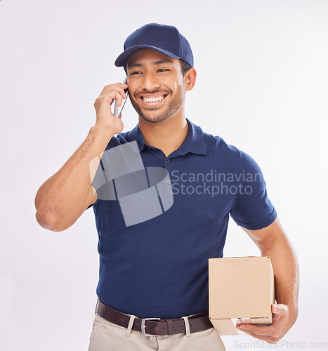 Image of Phone call, delivery man and courier happy to deliver package as ecommerce talking on a mobile conversation. Shipping, excited and employee or person with parcel using cellphone app for communication